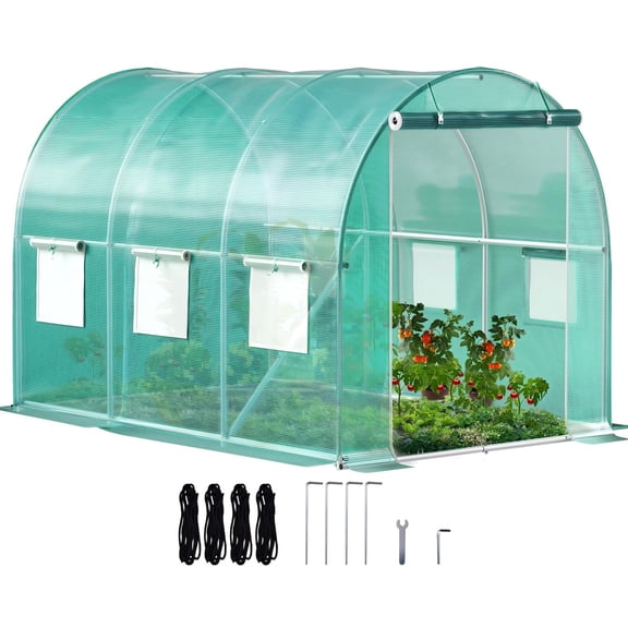 KFFKFF Walk-in Tunnel Greenhouse, 10 x 7 x 7 ft Portable Plant Hot House w/ Galvanized Steel Hoops,Diagonal Poles, Zippered Door & 6 Roll-up Windows, 1 Top Beam, Green