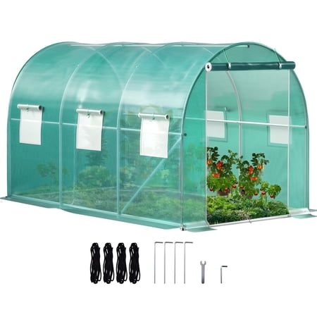 KFFKFF Walk-in Tunnel Greenhouse Portable Plant Hot House, Galvanized Steel Frame & PE Cover, 12 x 7 x 7 ft