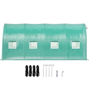 KFFKFF Walk-in Tunnel Greenhouse, 15 x 7 x 7 ft Portable Plant Hot House w/ Galvanized Steel Hoops, 1 Top Beam, Diagonal Poles, Zippered Door & 8 Roll-up Windows, Green