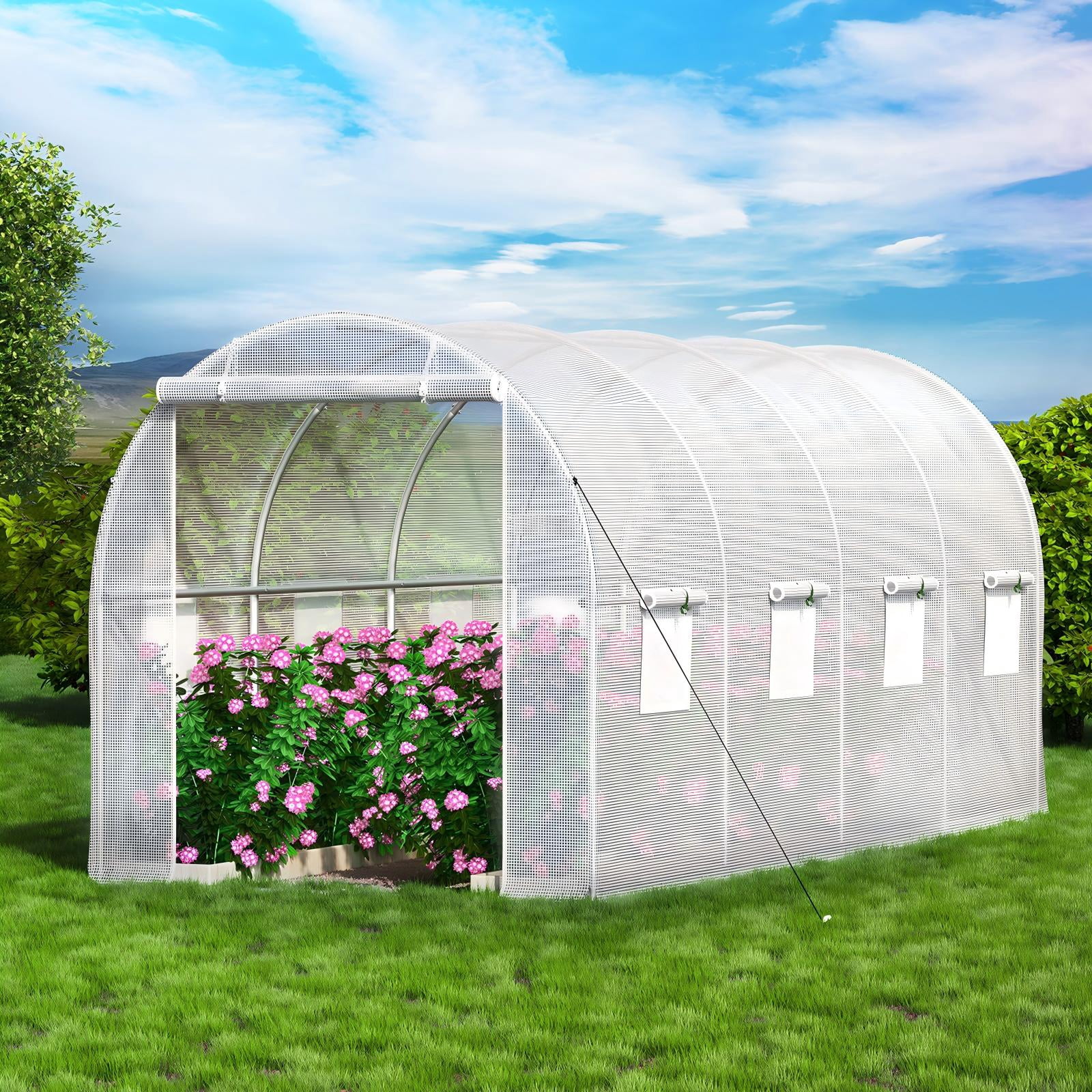 KFFKFF Walk-in Tunnel Greenhouse 15x7x7 ft – Portable Hot House w/ Galvanized Steel Frame, Zipper Door & 8 Roll-up Windows