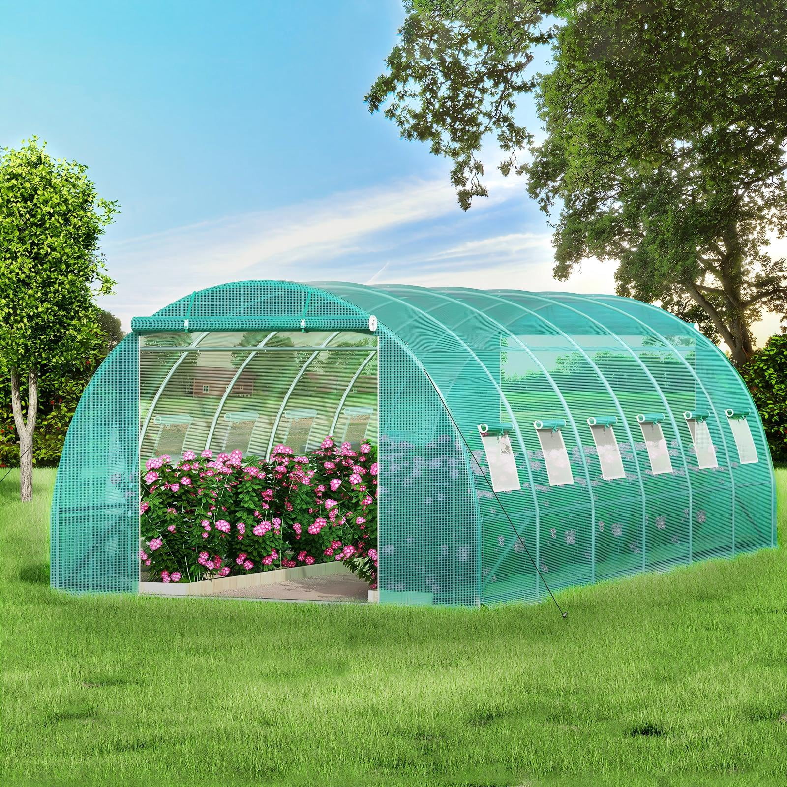 KFFKFF Walk-in Tunnel Greenhouse, 20 x 10 x 7 ft Portable Plant Hot House w/ Galvanized Steel Hoops, Diagonal Poles, 2 Zippered Doors & 12 Roll-up Windows, 3 Top Beams, Green