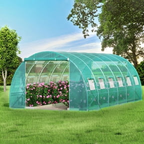 KFFKFF Walk-in Tunnel Greenhouse, 20 x 10 x 7 ft Portable Plant Hot House w/ Galvanized Steel Hoops, Diagonal Poles, 2 Zippered Doors & 12 Roll-up Windows, 3 Top Beams, Green