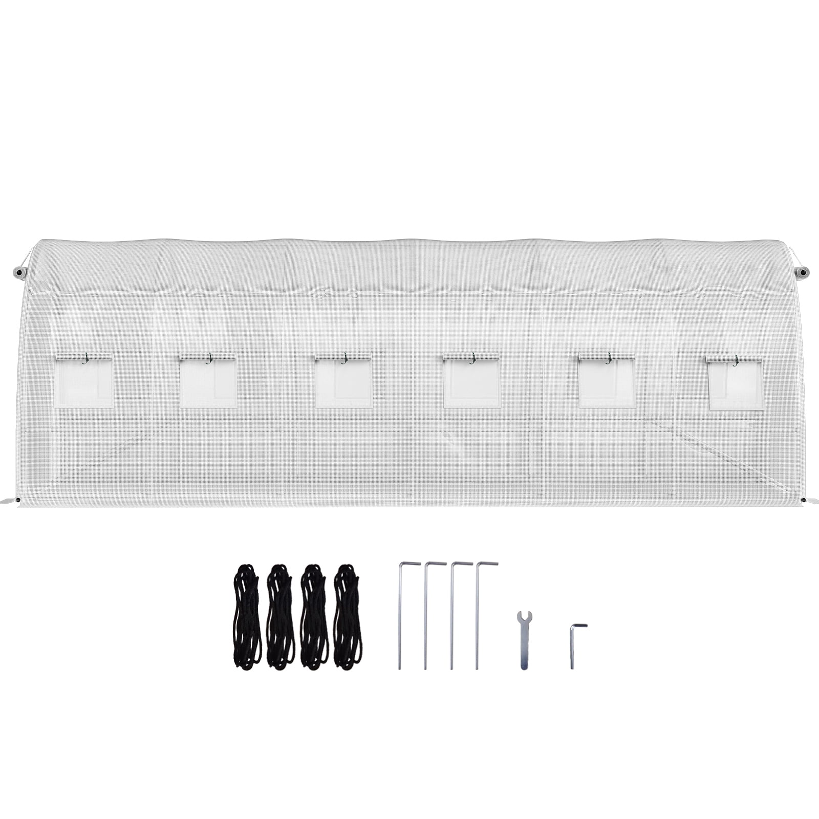 KFFKFF Walk-in Tunnel Greenhouse, 20 x 10 x 7 ft Portable Plant Hot House w/ Galvanized Steel Hoops, Diagonal Poles, 2 Zippered Doors & 12 Roll-up Windows, 3 Top Beams,White