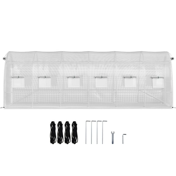 KFFKFF Walk-in Tunnel Greenhouse, 20 x 10 x 7 ft Portable Plant Hot House w/ Galvanized Steel Hoops, Diagonal Poles, 2 Zippered Doors & 12 Roll-up Windows, 3 Top Beams,White