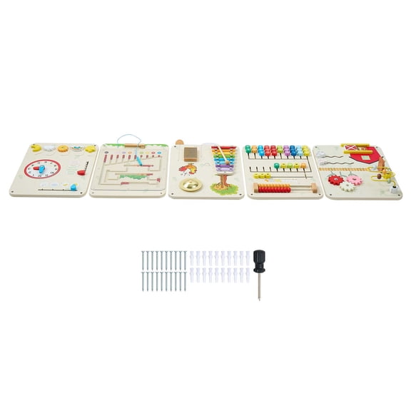 KFFKFF Wall Busy Board, 16-in-1 5 Panels Montessori Sensory Activity Panels, Educational Activity Center for Daycare,Classroom, Playroom,and Home,Durable Wooden Learning Toy with Mounting Accessories