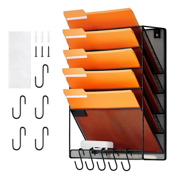 KFFKFF Wall File Rack, 6-Slot One-Piece Mesh Organizer, Wall-Hanging Magazine, Mail, Paper & Document Holder, Metal Storage with Label Tags, for Office, Home & School Use