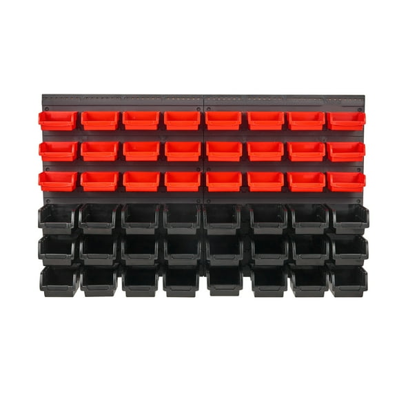 KFFKFF Wall-Hanging Storage Containers, 48-Compartment Hardware Organizer Garage Plastic Workshop Tool with Wall Boards, Equipment Arranger for Nuts,Bolts,Screws,Other Tiny Components, Black and Red
