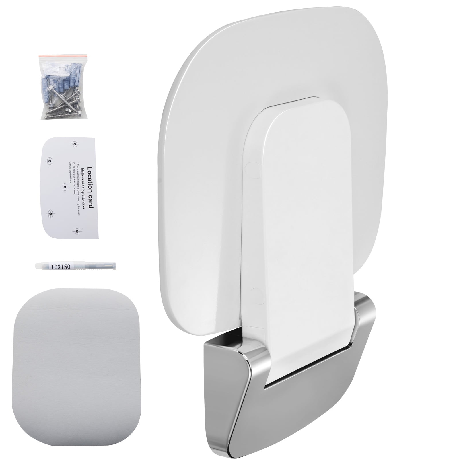 KFFKFF Wall-Mounted Folding Shower Chair, 13.6'' x 12.8'' When Open, Urea-Formaldehyde Construction, Supports Up to 450 lbs, Compact Design for Elderly, Kids, and Adults