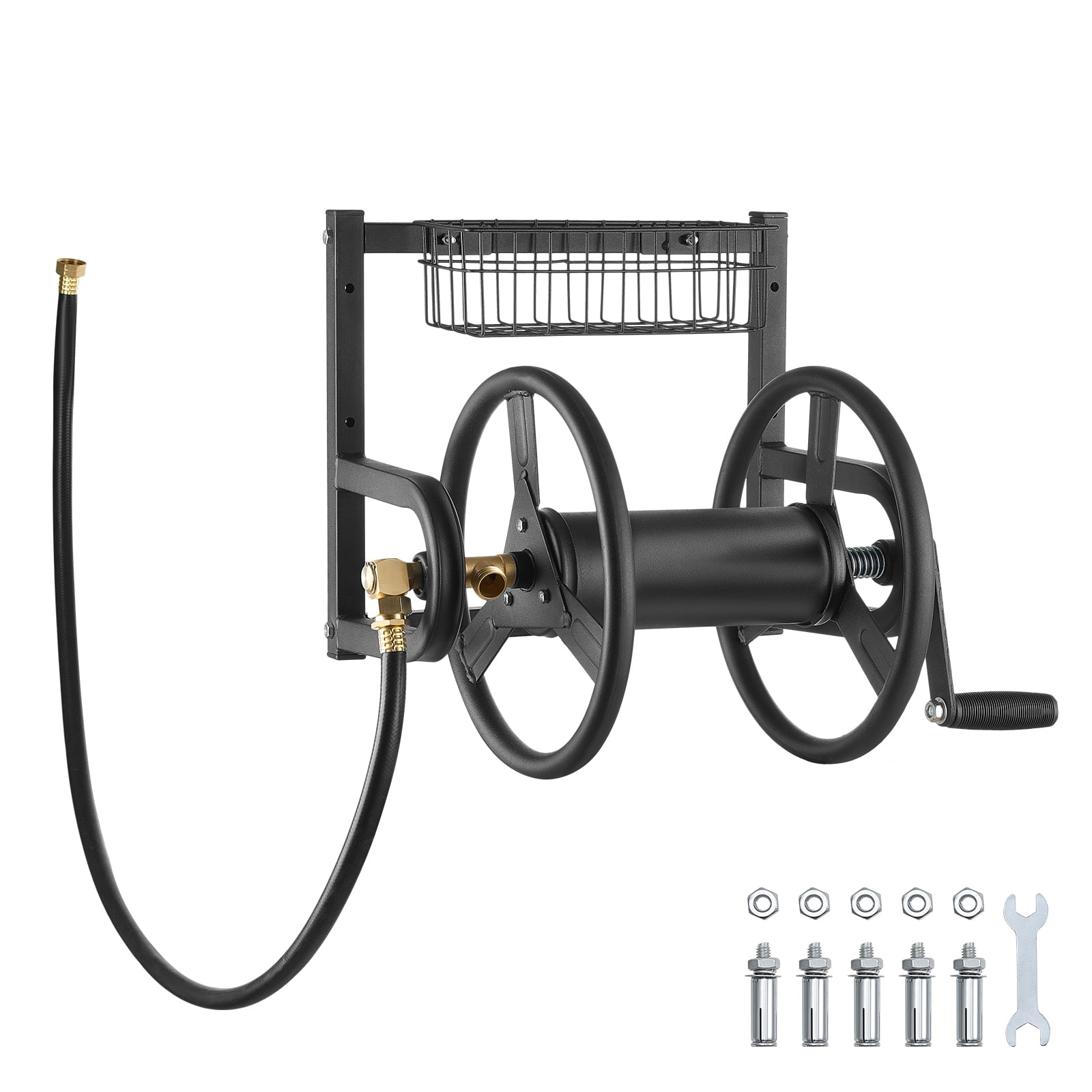 KFFKFF Wall-Mounted Garden Hose Reel, Fits 125 ft 5/8-inch Hose, Durable Water Hose Organizer, Outdoor Manual Reel with Brass Connector and Storage Basket for Lawn, Garden