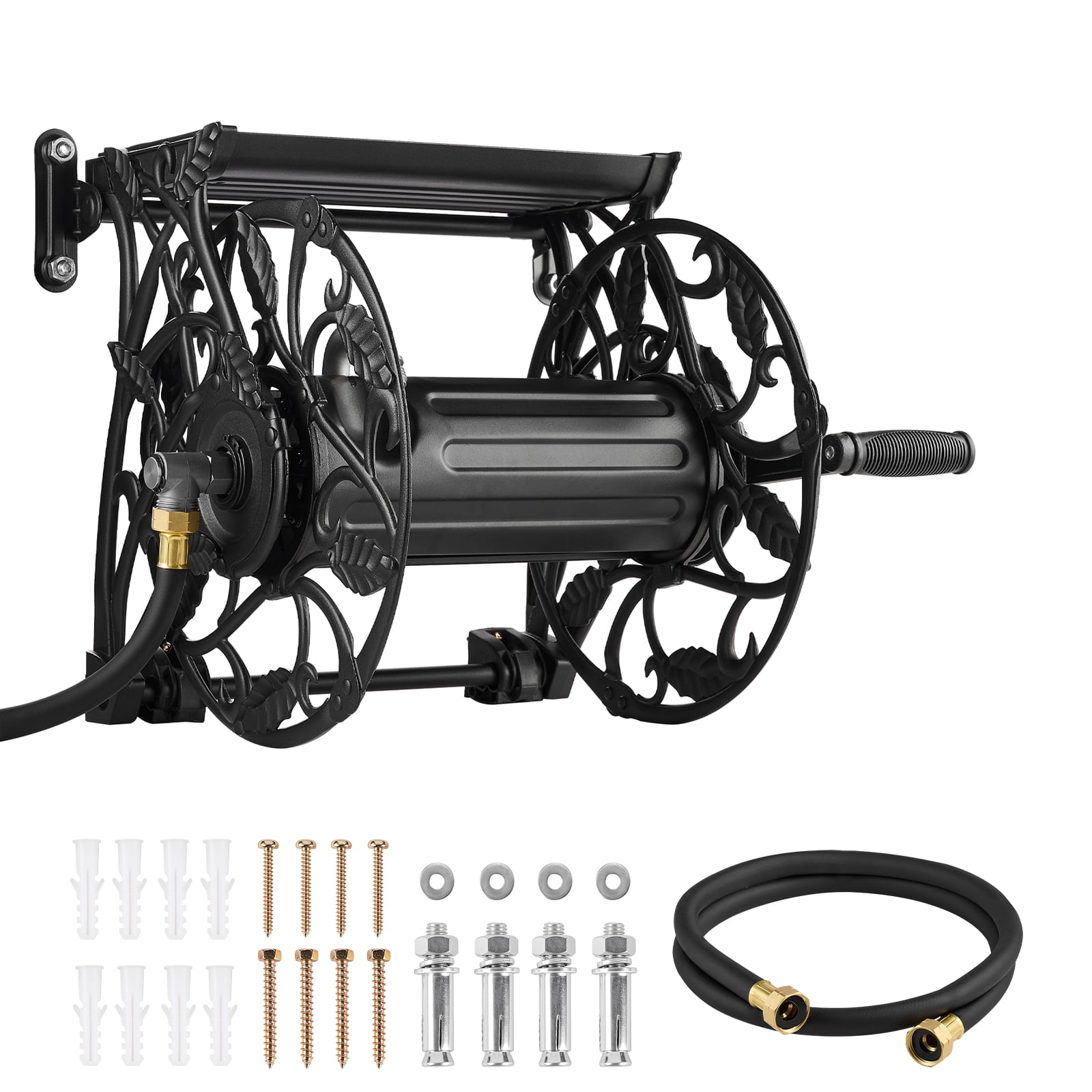 KFFKFF Wall-Mounted Garden Hose Reel, Fits 135 Feet of 5/8-inch Hose, Durable Outdoor Water Hose Holder with Expanded Top Tray, Aluminum Alloy Connector, Decorative Design, Ideal for Backyards