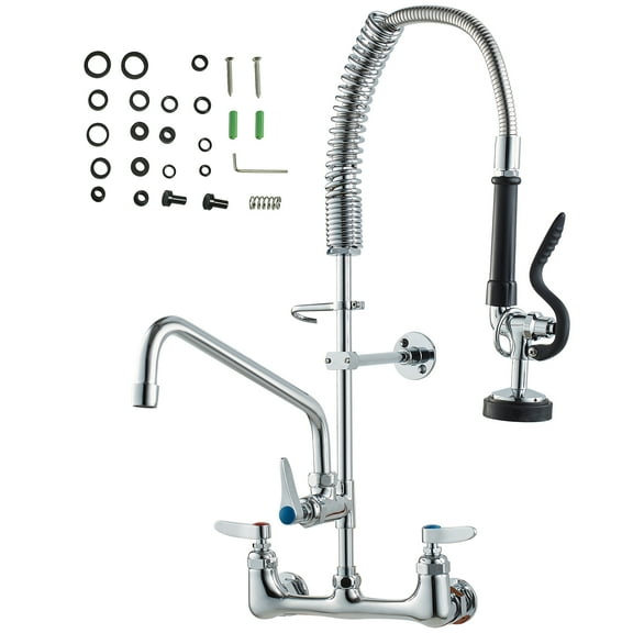 KFFKFF Wall-Mounted Kitchen Faucet, 25-Inch Height, 8-Inch Center Spacing, 12-Inch Swivel Spout, Pre-Rinse Spray Included, Durable Brass Construction, Pull-Down Design, Ideal for Multi-Basin Sinks