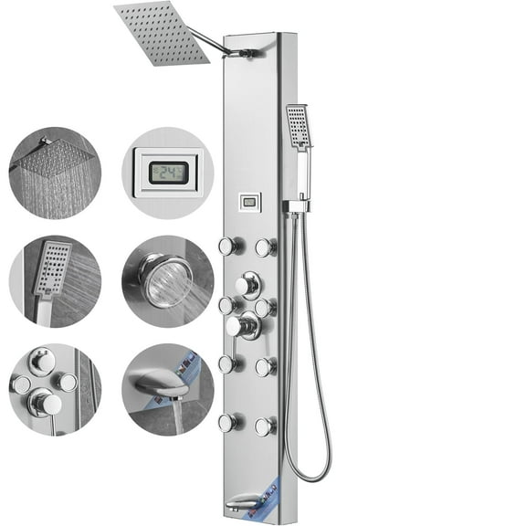 KFFKFF Wall-Mounted Shower Panel System with 5 Modes, Digital Display, Rainfall, 8 Massage Jets, Tub Spout, 3-Setting Handheld Shower Head, and 59-Inch Hose, Stainless Steel Construction