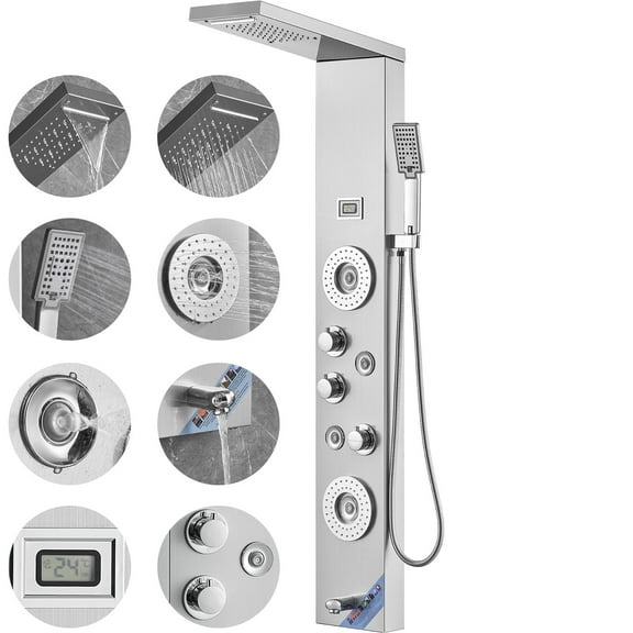 KFFKFF Wall-Mounted Stainless Steel Shower Panel System with 6 Modes, LED Display, Rainfall, Waterfall, 4 Body Jets, Tub Spout, and Handheld Shower Head with 59" Hose