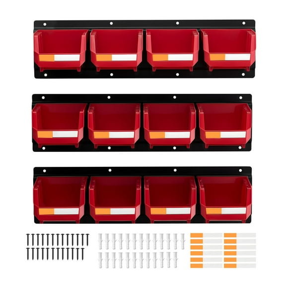 KFFKFF Wall-Mounted Storage System with 12 Plastic Bins and 3 Metal Rails, Stackable Hanging Organizer for Screws, Nuts, Bolts, Nails, and Hardware Tools, Ideal for Workshops, Craft Rooms, and Garage