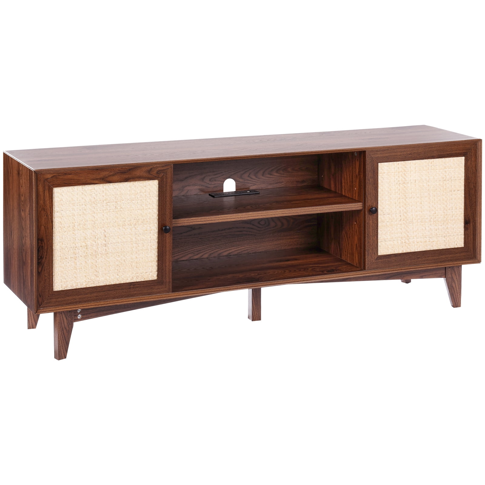KFFKFF Walnut TV Stand for 75in Television, Bohemian Style TV Console with Rattan Door, Media Center with Integrated Socket, Two-Shelf Storage Cabinet, Contemporary Design for Living Space,Media Area