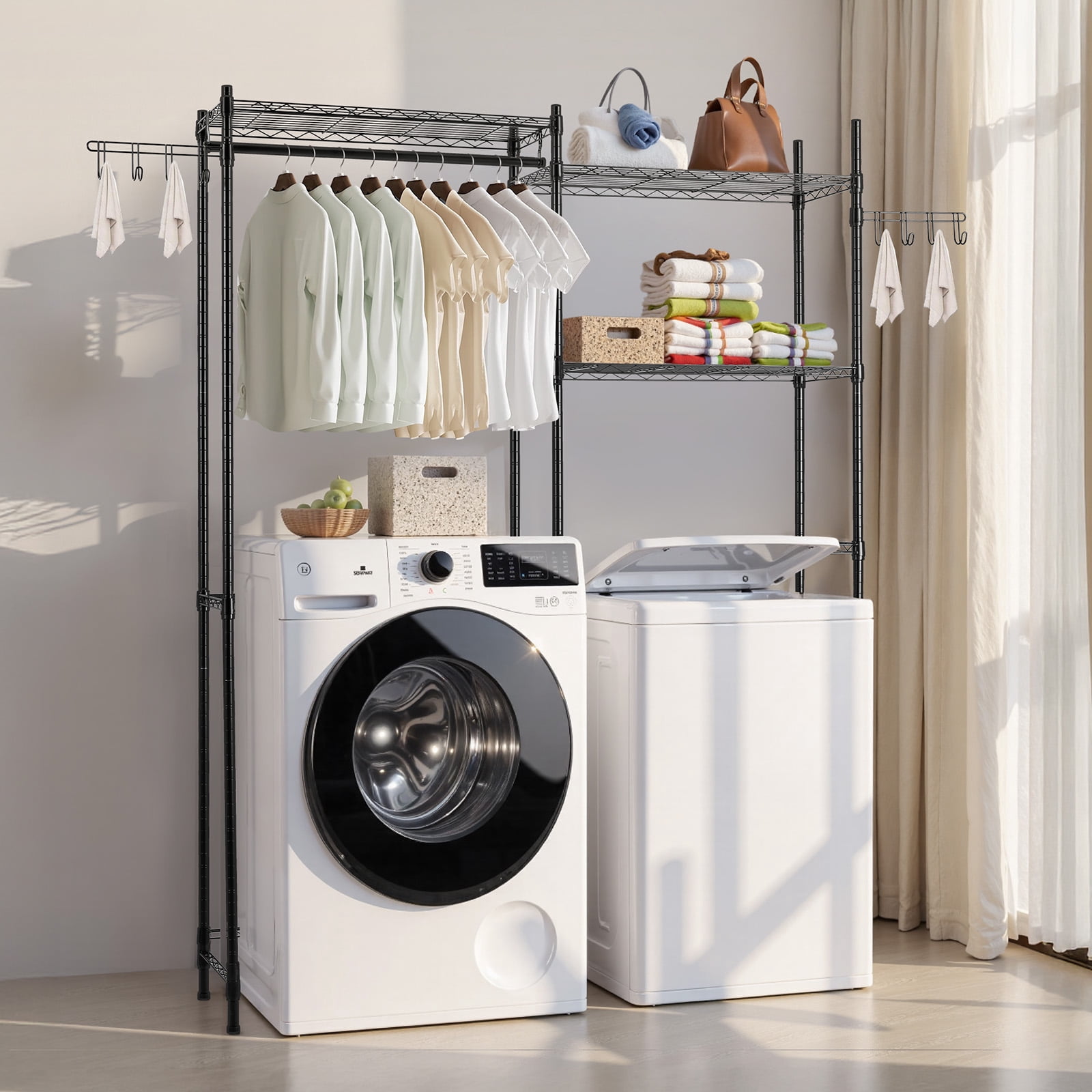 KFFKFF Over Washer and Dryer Storage Rack, 57.9" Clothes Drying Rack with Adjustable Shelves, Hanging Rod, Suitable for Laundry Room Storage & Arrangement, Black
