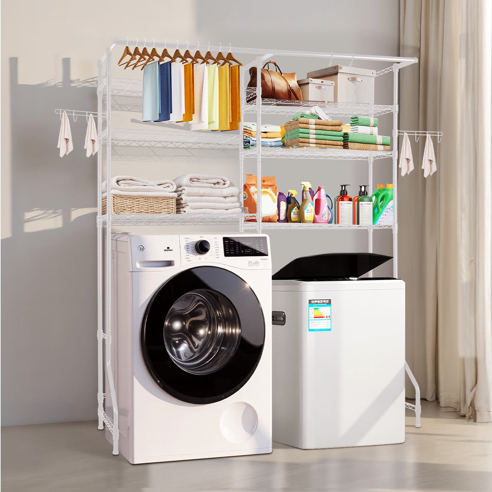 KFFKFF Over Washer and Dryer Storage Rack, 63" Laundry Clothes Drying Rack with Adjustable Shelves, Hanging Rod and Hooks, Ideal for Laundry Room Organizing, White