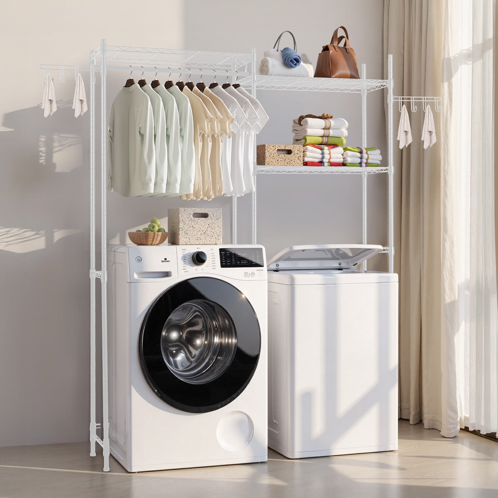 KFFKFF Over Washer and Dryer Storage Racks, 57.9" Clothes Drying Rack with Adjustable Shelves & Hanging Rod, Ideal for Space-Saving Storage and Organization, White