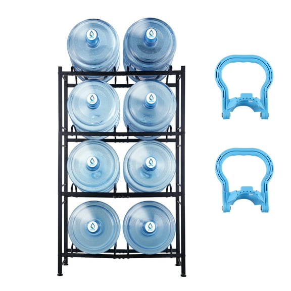 KFFKFF Water Bottle Storage Rack, 4-Level, Dual-Row, 5-Gallon Jug Organizer, Supports 8 Bottles, Sturdy Metal Frame for Home, Office, Living Space, Black