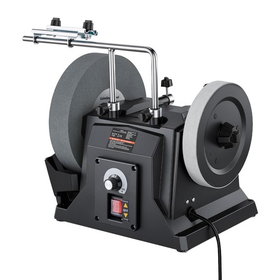KFFKFF Water-Cooled Grinder Knife Sharpener with Adjustable Speed, 10" Wet Grinding Wheel & 8" Leather Stropping Wheel, Wet/Dry Stone Grinding Machine with Water Tray for Knives and Chisels, 120V
