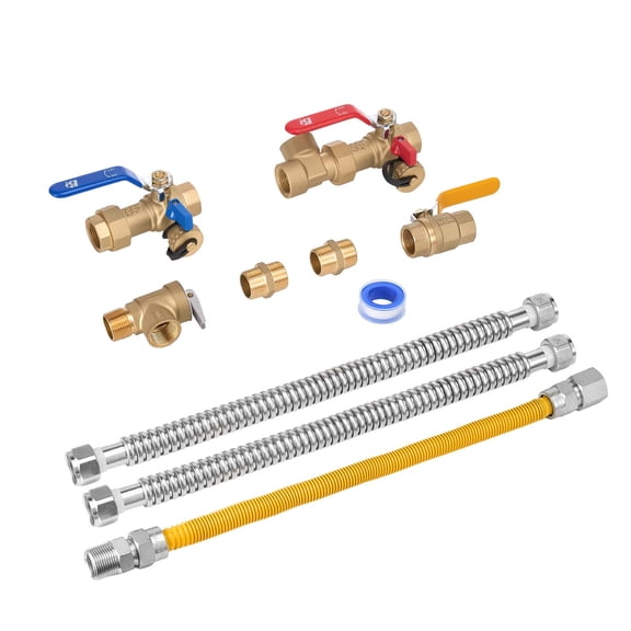 KFFKFF Water Heater Kit, 3/4 Inch Hot & Cold Water Plumbing Repair Set with 600 WOG Shut-Off Valves, Pressure Relief Valve, Dual-Layer Gas Hose, Compatible with Various Tankless Water Heater Models