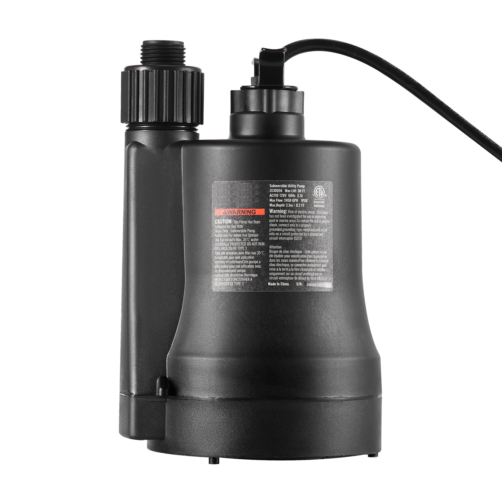 KFFKFF 1/3 HP Sump Pump, 2450 GPH Flow Rate & 30 ft Elevation Dirty Water Pump, Submersible Utility Pump with 10 ft Power Cord for Pool, Pond, and Basement