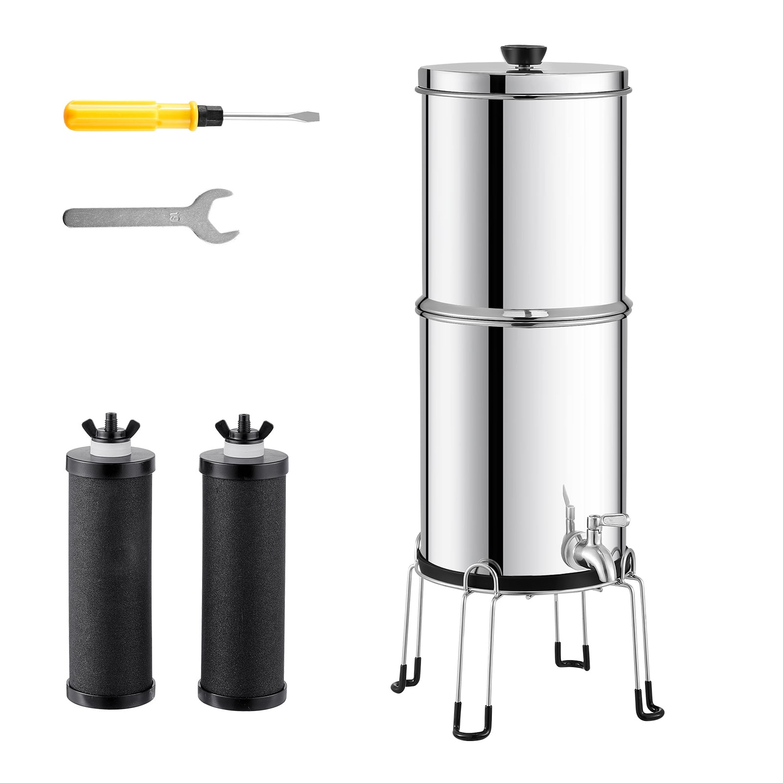 KFFKFF Water Purification System, Gravity-Driven, 2.25G 304 Stainless-Steel Tabletop Water Cleaner, Diminishes Lead and nearly 99% of Chlorine, Includes 2 Carbon Filters/Spigot/Stand,for Camping