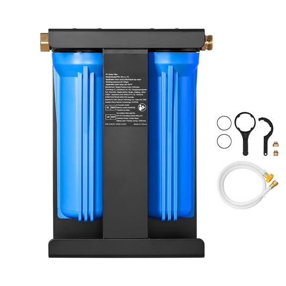 KFFKFF Water Purification System for RVs, Dual-Cartridge Filtration System for Camping, Eliminates Chlorine, Unpleasant Flavors, Smells, and Numerous Impurities, RV Filter with Mounting Bracket