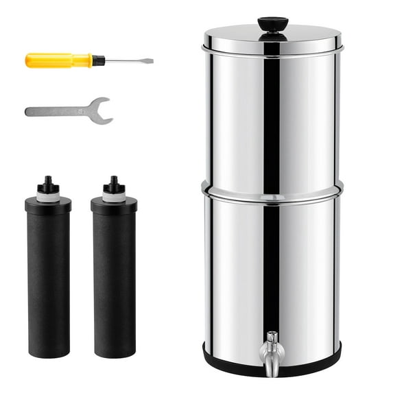 KFFKFF Water Purification Unit, Gravity-Driven, 1.5G 304 Stainless-Steel Tabletop Design, Water Purifier, Minimizes Lead and Eliminates up to 99% of Chlorine, Includes 2 Carbon Filters & Faucet