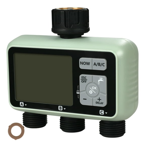 KFFKFF Water Scheduler, Trio Channels, Hose Irrigation Clock, Featuring 3 Separate Hydration Areas LCD Screen Rain Pause Function Manual Setting 360 Brass Entry Metal Sieve, IPX6 Water-Resistant