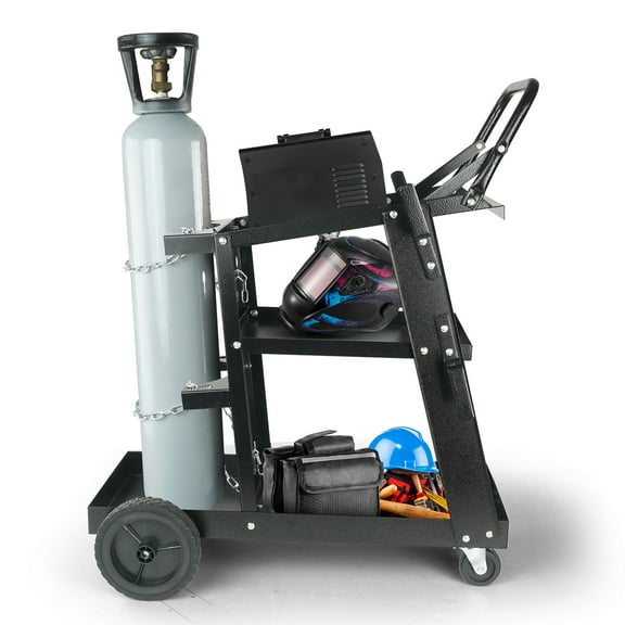 KFFKFF Welder Cart, Durable 3-Tier Structure, Supports Up to 400 Lbs, Flexible 360° Swivel Wheels, Equipped with Safety Chains for Tank Security, Ideal for TIG, ARC, MMA, Plasma Gear