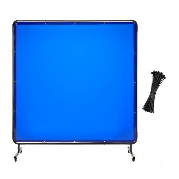 KFFKFF Welding Screen with Frame, 6 x 6 FT Flame-Resistant Vinyl Safety Curtain, Protective Screen with Swivel Wheels and UV Shielding for Industrial and Workshop Applications, Blue