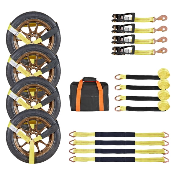 KFFKFF Wheel Chock Tie-Down Kit, Tire-Style Trailer Strap System, Vehicle Tie Down Kit with Spring Hook, 10009 lbs Break Strength & 3333 lbs Working Load Capacity for ATV, SUV, and Trailer