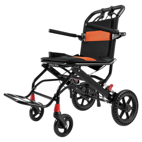 KFFKFF Wheelchair, Lightweight Aluminum Transport Chair for Adults, Easily Foldable with Desk-Length Arms that Flip Back, Secure Self-locking Brake System, 18" Seat Width, Supports up to 220lbs