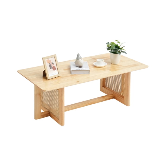 KFFKFF Wicker Coffee Table, Rectangular Woven Wood Table with Rubber Wood Surface, 47-Inch Contemporary Bohemian Storage Table with Organic Wood Stands, Suitable for Lounge, Bedroom & Compact Areas