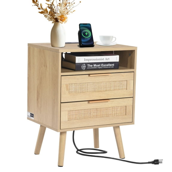 KFFKFF Wicker Nightstand, Bohemian Style Side Table with Open Compartment and Dual Drawers, Wicker Accent Table Nightstand with Sturdy Wooden Legs, Wicker Bedside Table with Power Dock