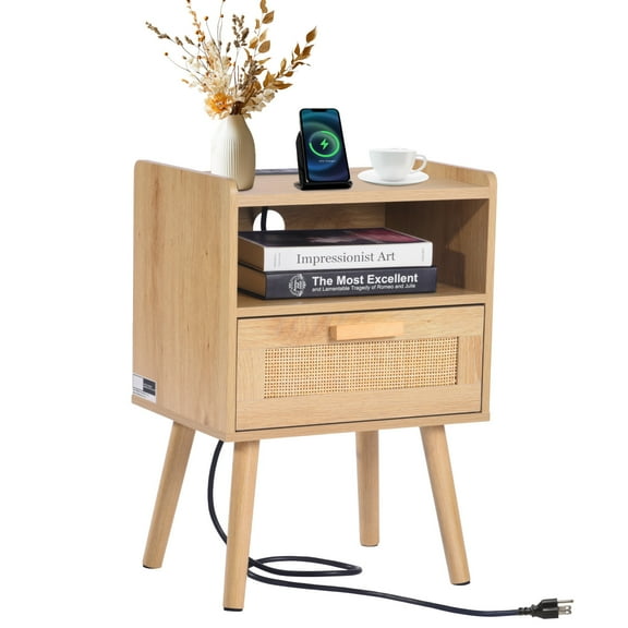KFFKFF Wicker Nightstand, Chic Bedside Stand with Drawer and Open Shelf, Wooden End Table with Sturdy Wood Legs, Wicker Accent Table with Power Outlet, Suitable for Bedroom, Office & Lounge