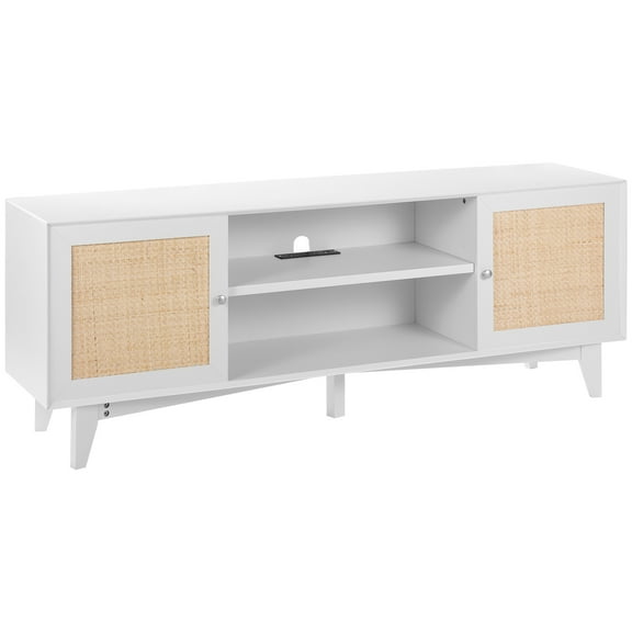 KFFKFF Wicker Television Stand for 75in Television, Bohemian Style TV Stand featuring Wicker Door, Media Hub with Integrated Socket, Storage Unit with Dual Shelves, Contemporary TV Cabinet, in White