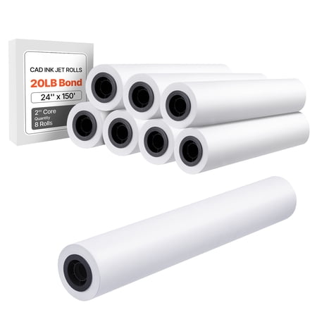 KFFKFF Wide Format Paper, 24 in x 150 ft Plotter Roll, 8 Rolls with 2 in Core, 20 LB Bond Paper, Suitable for CAD Drawings, Engineering Plans, GIS Maps, and Architectural Blueprints