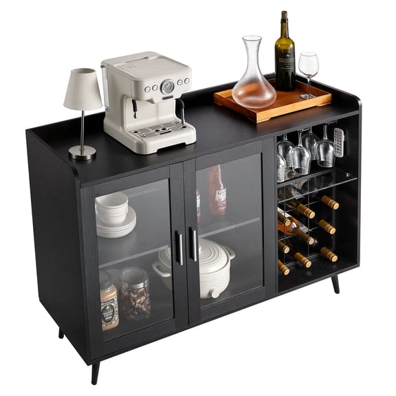 KFFKFF Wine Cabinet and Coffee Bar with 9-Bottle Storage, Sideboard with Glass Rack, Adjustable LED Lighting, Ideal for Kitchen, Living Room, Dining Room, Black Wood Finish