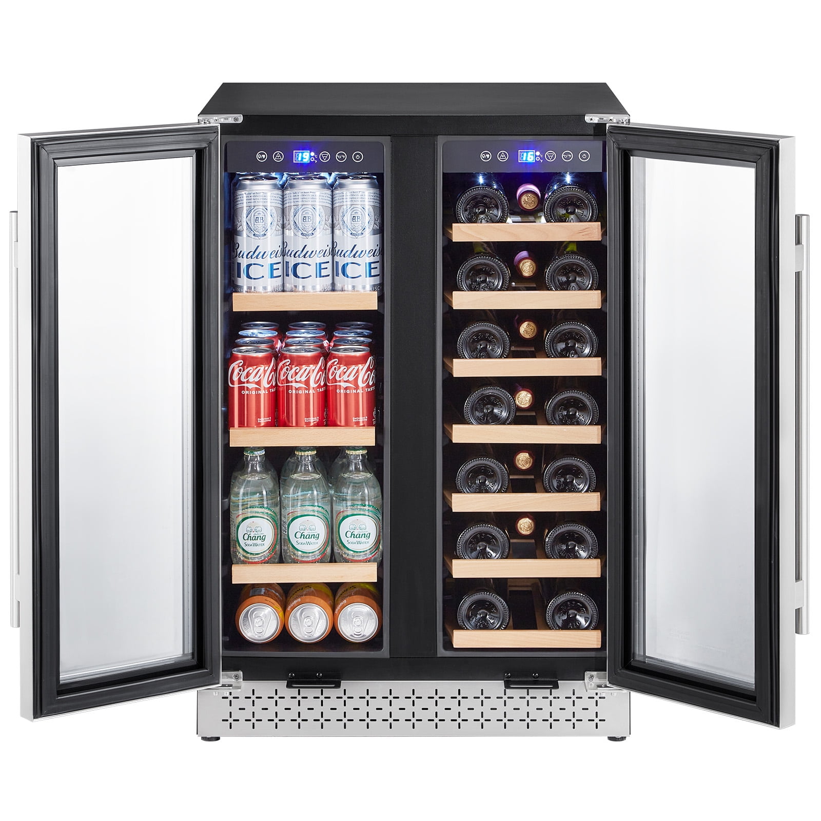 KFFKFF Wine and Drink Cooler, 24 inch Double Area Beverage Fridge, Integrated & Detachable Refrigerator with Transparent Doors, Modifiable Racks, Electronic Temp Regulation