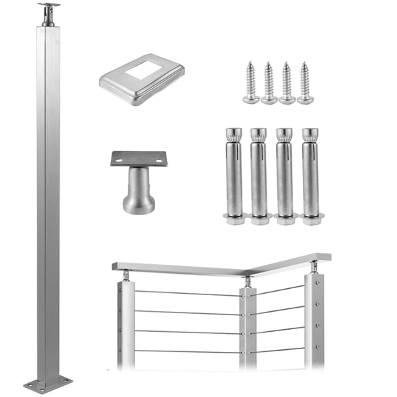 KFFKFF Wire Handrail Post for Deck Stair, 42 x 1.97 x 1.97", Stainless Steel Cable Railing Post with Pre-Drilled Pickets, Includes Mounting Bracket, Silver Stair Railing Kit