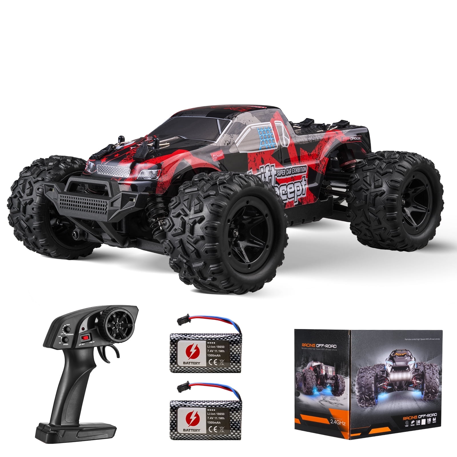 KFFKFF Wireless Operated Vehicle, Kid's RC Car in 1:18 Scale, 4WD Monster Truck for All Terrains, Equipped with 45° Wheelie & Dual Batteries, Achieves 36 km/h Speed, Perfect Present
