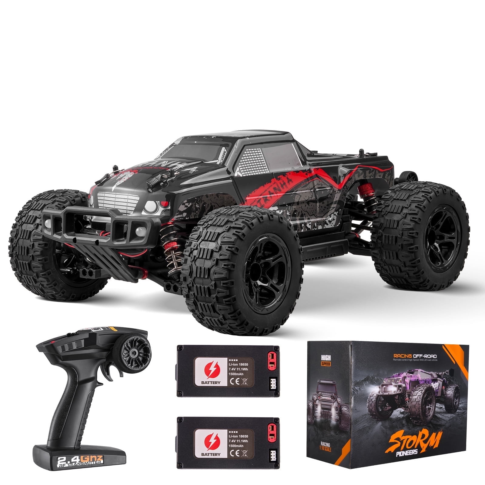 KFFKFF Wireless Operated Vehicle, RC Car in 1:10 Scale for Children, 4WD Monster Truck Capable of 45° Wheelie, Equipped with 2 Batteries, Capable of 38 km/h Speed - Perfect Present