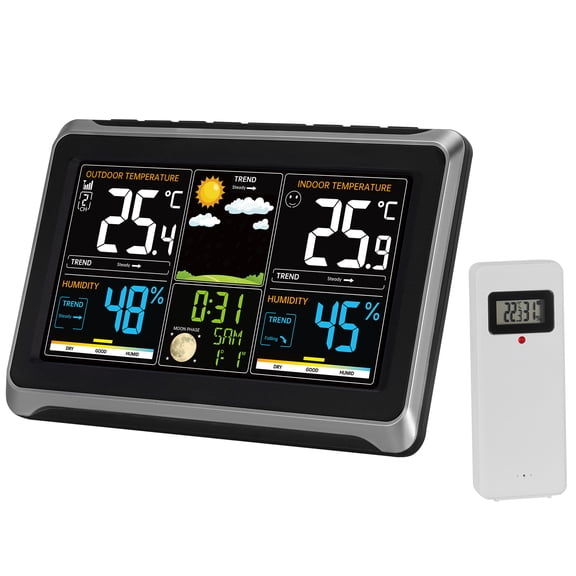 KFFKFF Wireless Weather Station, 7.5in Screen, Indoor Climate Monitor, Multifunction with Sensor, Atomic Timepiece, Adjustable Lightness, Calendar, Alarm Notification, Temperature