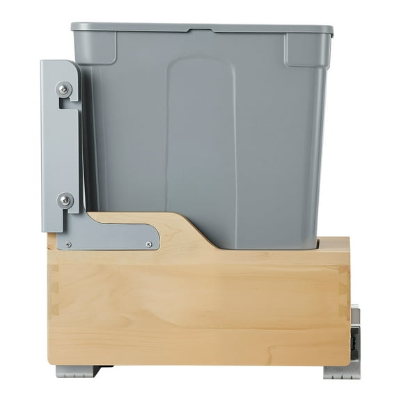 KFFKFF Wood Pullout Trash Can for Kitchen Cabinets, 35 QT Waste Recycling Bin, Under-Mount Container with Durable Metal Sliding System, Door Kit, Ideal for Sink and Under Counter Spaces