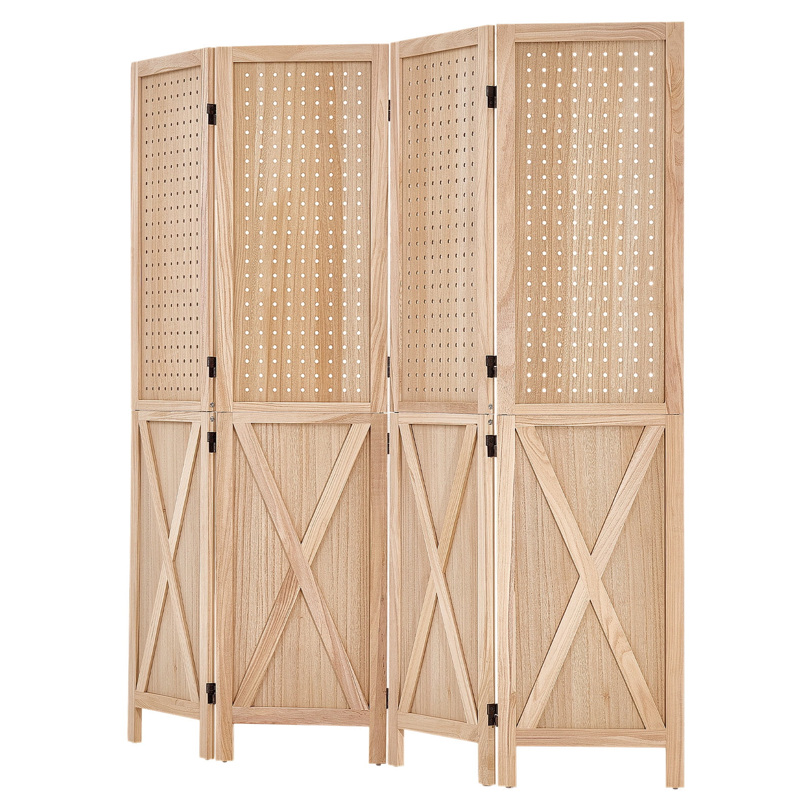 KFFKFF Wood Room Divider with 4 Panels, 59.8" Pegboard Folding Privacy Screen for Home Decor and Room Separation, Solid Frame with X Design, 360° Two-Way Hinges, Rustic Wooden Partition with Hardware