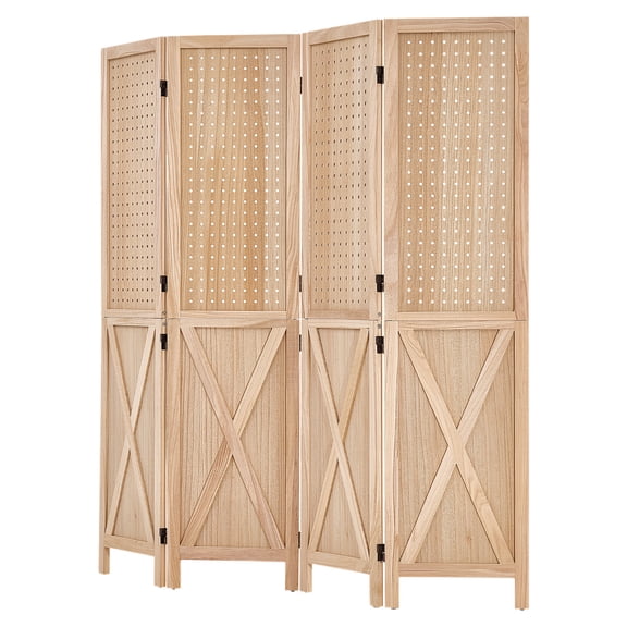 KFFKFF Wood Room Divider with 4 Panels, 59.8" Pegboard Folding Privacy Screen for Home Decor and Room Separation, Solid Frame with X Design, 360 Two-Way Hinges, Rustic Wooden Partition with Hardware