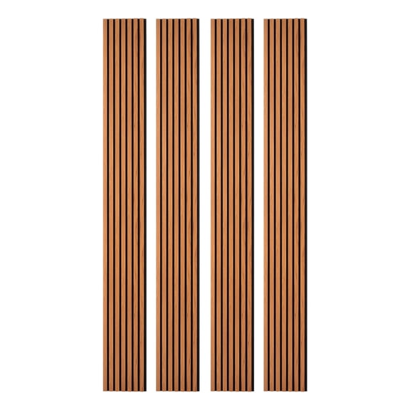 KFFKFF Wood Wall Panels, 96.1 x 11 inches, Acoustic Slat Panels, Dark Teak Finish, Sound Dampening for Living Spaces, Bedrooms, Interior Decoration, MDF & PET Build, Includes Screw Kit, Set of 4