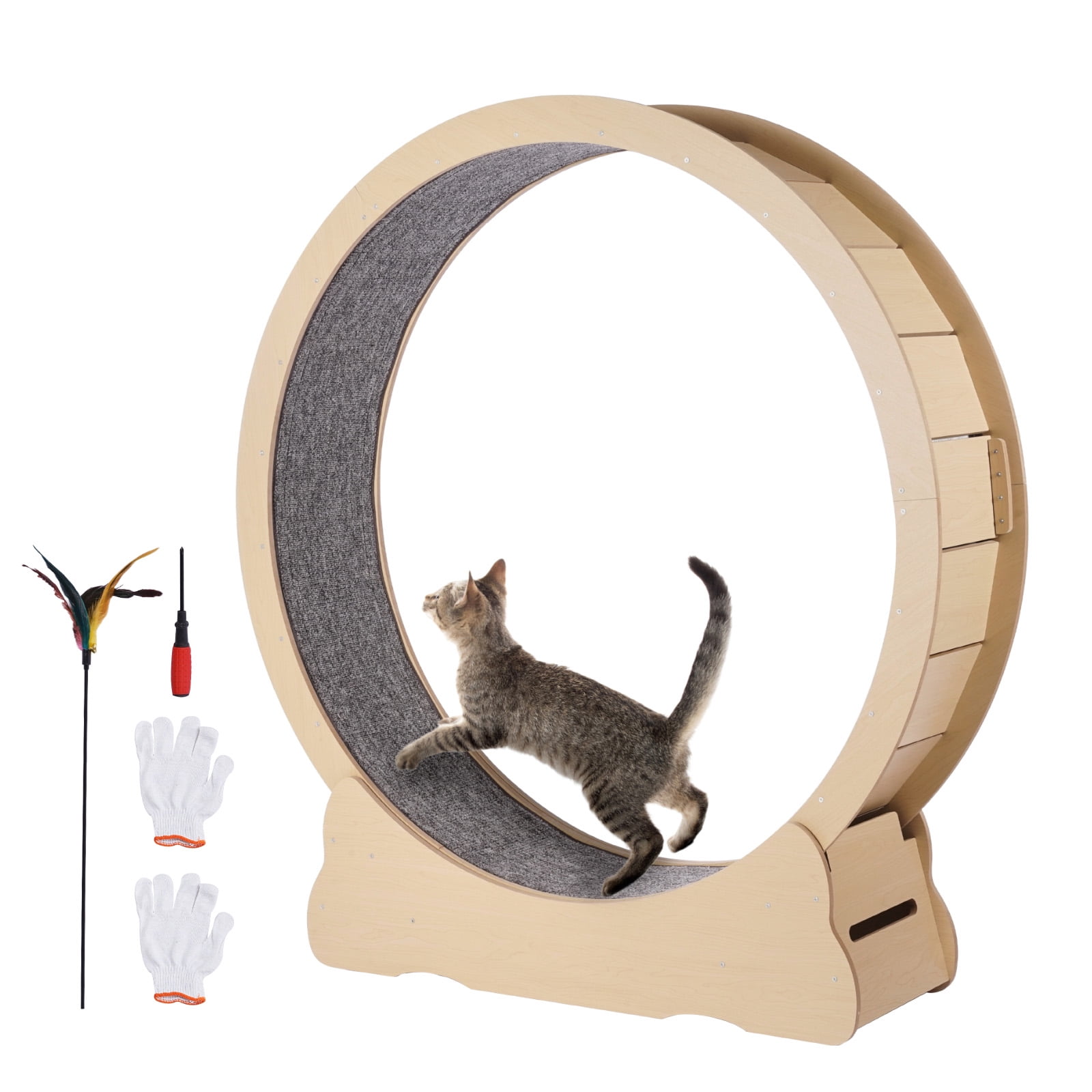 KFFKFF Wooden Cat Exercise Wheel, 52" Large Treadmill for Indoor Cats, Cat Running Wheel with Removable Carpet & Teaser Toy for Running, Walking, and Training, Designed for Various Cat Sizes